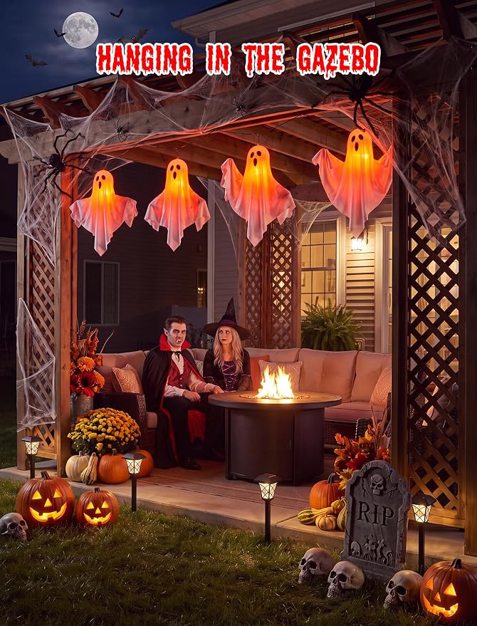 11.5FT Halloween Ghost Pathway Lights Outdoor, 4 Pack Hanging Porch lights | Adjustable Arms，Shatterproof, Waterproof, Plug in Halloween Decorations Outdoor for Lawn Driveway Garden Yard Decor
