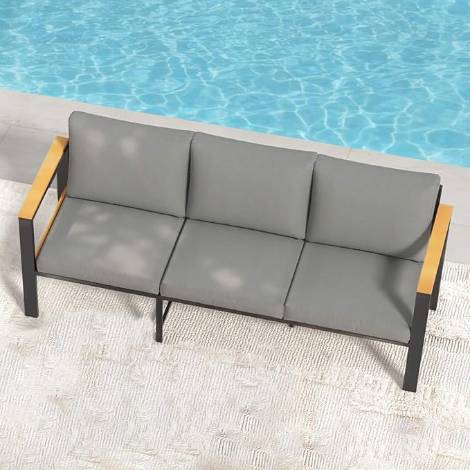 HOMREST Aluminum Outdoor Bench, Metal Oversized Patio Bench with Washable Cushions, Patio Conversation Set with Special Anti-Heat Armrest, Gray