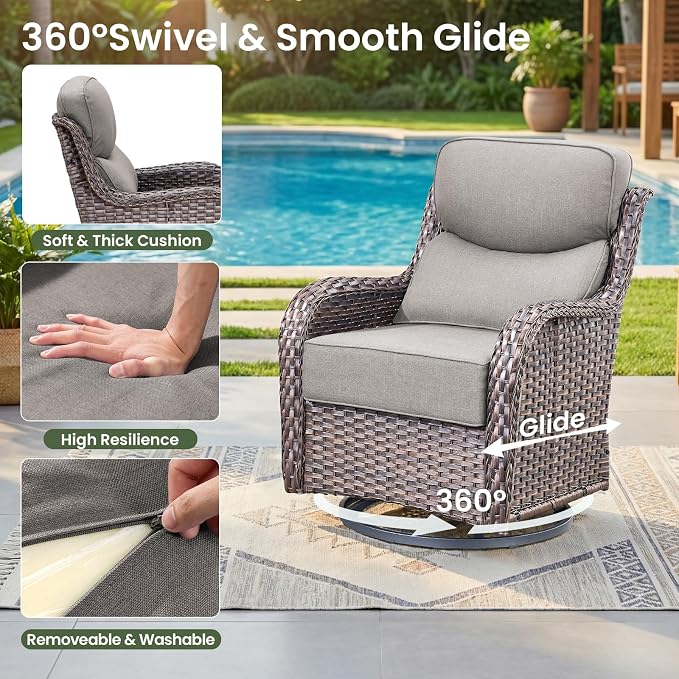 Luxury Patio Furniture Set with 6-inch Thick Cushion, Outdoor Furniture with Fire Pit Table, Swivel Chairs, Side Table, Sofa, 5pcs Wicker Conversation Set for Deck Yard (Brown Wicker | Grey Cushion)