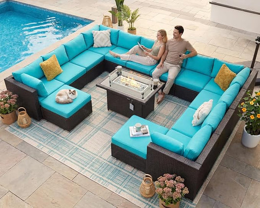 BULEXYARD 15 Piece Highback Wicker Patio Furniture Sets with Firepit, All-Weather Heavy Duty Outdoor Conversation Set Modular, Extra Deep Wide 14-Seats Sectional Couch Sofa for Backyard, Brown & Teal
