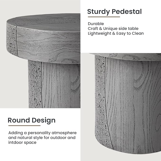 HOMPUS Outdoor Side Table, Concrete Coffee Table Round, 20 inches Dining Table with MgO Tabletop, Faux Wooden End Table for Patio, Garden, Backyard, Grey