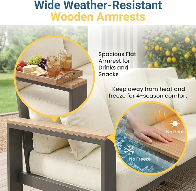 RoyalCraft Aluminum Outdoor Patio Furniture Set with Height-Adjustable Footrest, 3-Seats All-Weather Patio Sofa Sets with Coffee Table for Porch Backyard Garden Patio, Beige