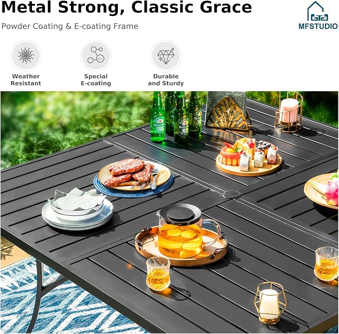 MFSTUDIO 9 Piece Outdoor Dining Set, Metal Table & Aluminum Chairs, Beige | Stackbale chairs, Light-weight & space-saving, Square Table, Umbrella Hole, Patio deck, 8 person