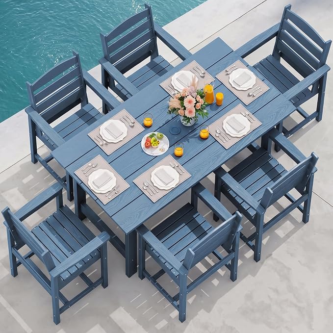 SERWALL 7 Pcs Outdoor Dining Set, 1 Umbrella Hole Table & 6 Chairs, Blue | HDPE Outdoor Dining Furniture with Rectangular Table & 6 Chairs, All-Weather Resistant SERWALL Dining Set for 6