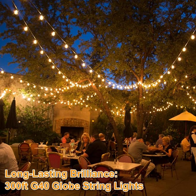 300ft (100ft*3) Outdoor G40 LED Globe String Lights Waterproof | Dimmable Shatterproof Light Strings Connectable Commercial Hanging Lights for Christmas Patio House Backyard Balcony Party