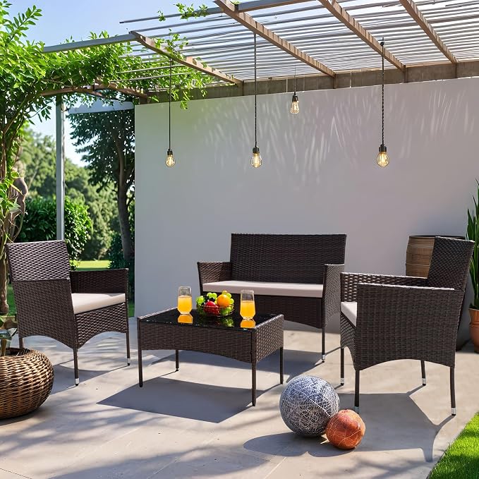 Greesum Patio Furniture 4 Pieces Conversation Sets Outdoor Wicker Rattan Chairs Garden Backyard Balcony Porch Poolside loveseat with Cushion and Glass Table, Brown and Beige