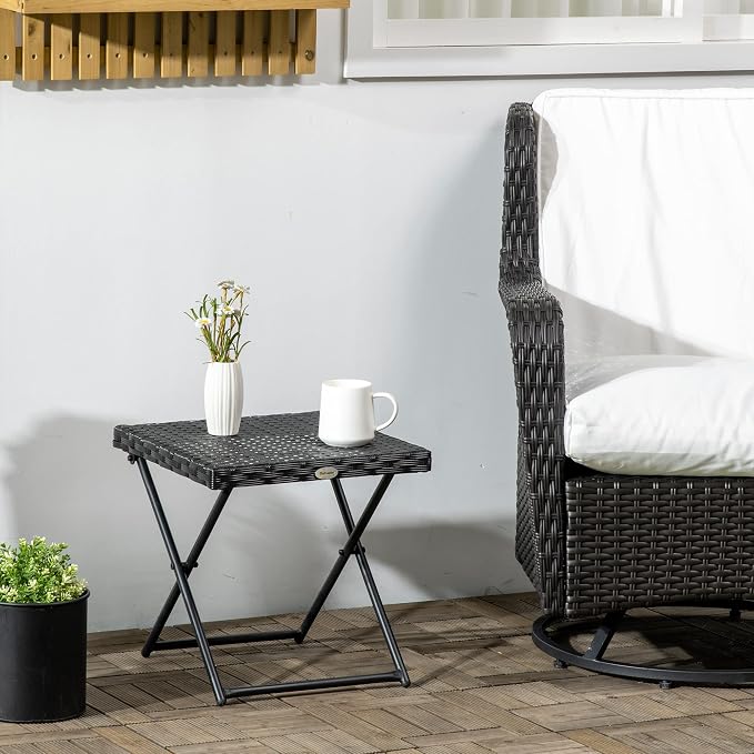 Outsunny Cosy Chic Folding Garden Coffee Table, Dimensions: 40 x 40 x 40 cm, Steel Resin Wicker Imitation Rattan Black