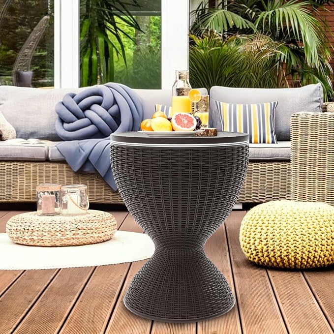Patio Cool Bar Table, Height-Adjustable Outdoor Bar Tables 8 Gallon Beer and Wine Cooler, 3-in-1 Rattan Style Ice Cooler with Drainage Plug for Pool Party (Grey)