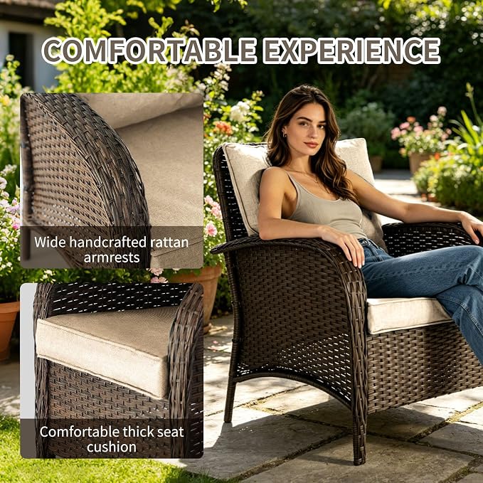 Outdoor Swivel Rocker Patio Chairs (Brown Wicker/Khaki Cushion, 4PC/Sofa & Chair &Coffee Table)
