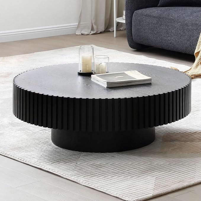Round Coffee Table, Natural Wood, Modern Style, Slatted Base Design, Living Room Table (Black, 31.49)