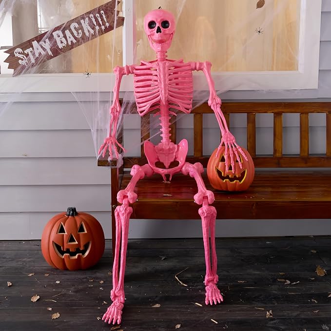 JOYIN 5.6 FT Halloween Posable Skeleton Life Size, Giant Outdoor Yard Skeletons, Pink Plastic Skeleton with Movable Joints for Haunted House Props, Halloween Decorations, Spooky Scary Skeletons Party
