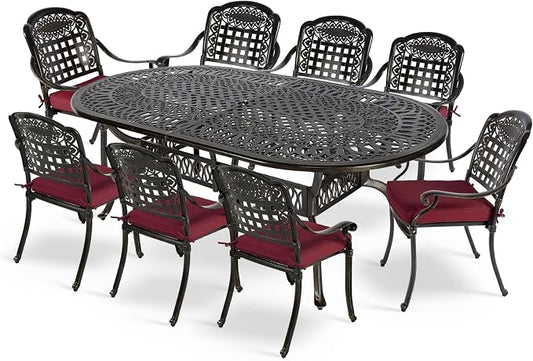 MEETWARM 9-Piece Outdoor Furniture Dining Set, All Weather Cast Aluminum Patio Garden Set with 1 Oval Table, 8 Chairs, 8 Cushions, 2" Umbrella Hole, Dark Bronze, Chili Red