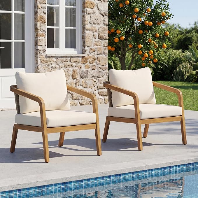 Merax 2 Piece Acacia Wood Outdoor Patio Club Chair with PE Wicker Backrest & Cushions– Modern Accent Armchair for Balcony, Poolside, and Sunroom