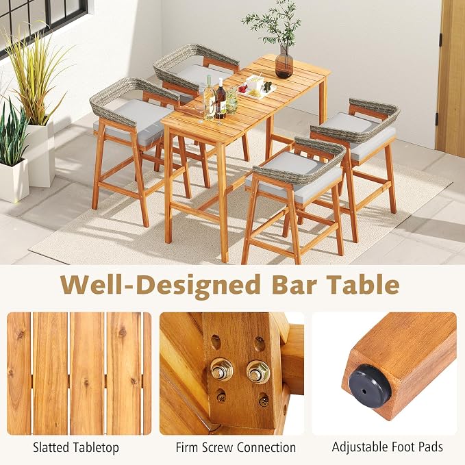 Tangkula Patio Bar Table, 54” x 22” Acacia Wood Counter Height Table with Slatted Tabletop & Footrest Crossbar, Rectangle High Top Table for Backyard, Poolside, Balcony