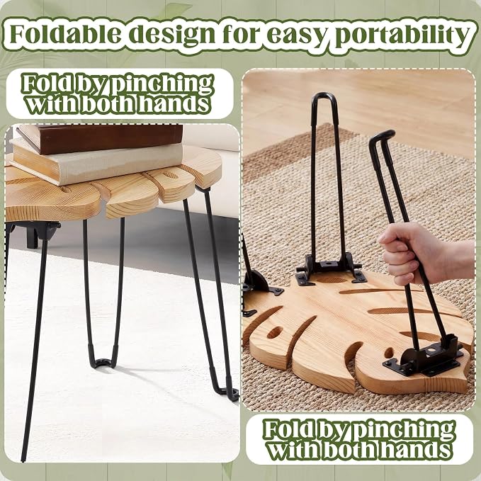 Gerrii Monstera Leaf Side Tables 15.8" h Wood & Metal Patio Table for Indoor Outdoor Use Plant Stand Small End Table Folding Stool for Living Room Bedroom Apartment Balcony Yard Picnic, Camping