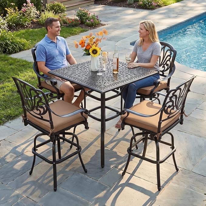 MEETWARM Patio Height Bar Table, 35.4" Bar Height Bistro Table, Outdoor Cast Aluminum Bistro Square High Top Dining Table with 2.2" Umbrella Hole for Garden Deck Backyard, Dark Bronze