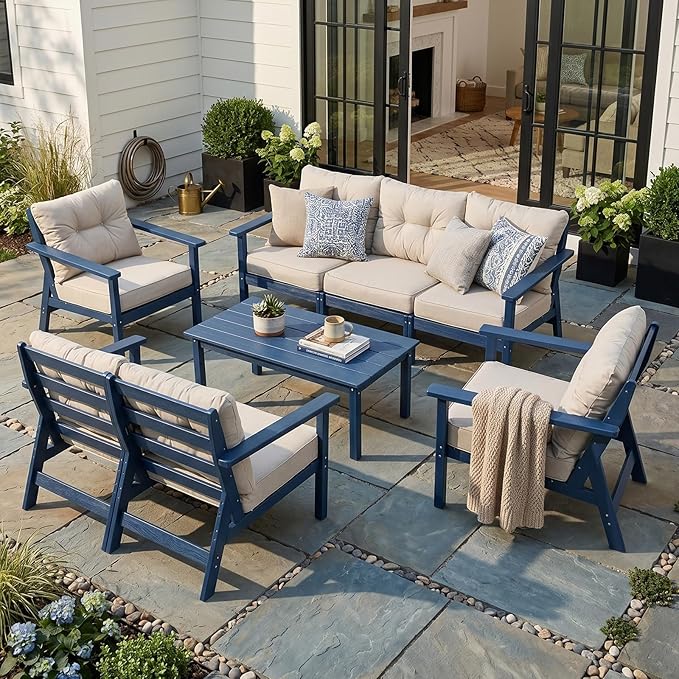 HDPE Patio Conversation Set 7 Seats, Outdoor Furniture Set, Patio Sofa Set | Water-Resistant Thick Cushion, HDPE All Weather, Wood-Grain, No Rot or Rust or Crack, UV Fade Shield, Easy-Clean for Outside