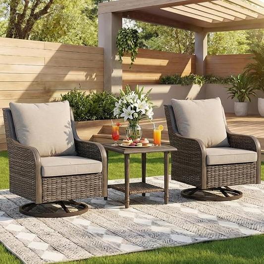 3-Piece Patio Furniture Set, 2 Swivel PE Wicker Chairs & Rattan Side Table, Outdoor Patio Swivel Rocker Seating for Porch Deck Balcony with Water-Resistant Cushions (Beige, 3-PCS)