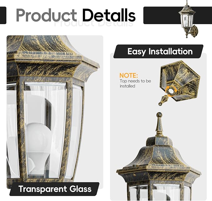 EMART Outdoor Front Porch Light with Bulb, Wall Lamp Fixture(2 Pack, Gold) | Exterior Anti-Corrosion, Waterproof Aluminum & Glass Shades, Modern Sconce Lantern for Outside, House, Garage