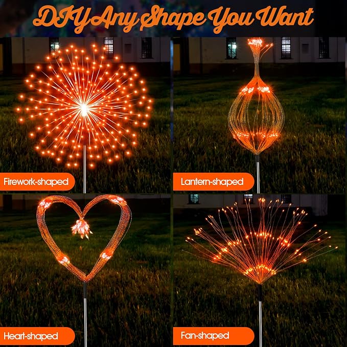 Tujoe 6 Pcs Fall Solar Firework Stake Lights 180 LED 8 Modes Solar Waterproof LED Sparkler Lights Outdoor Decoration for Summer Halloween Xmas Holiday Garden Patio Yard Pathway Walkway, Orange