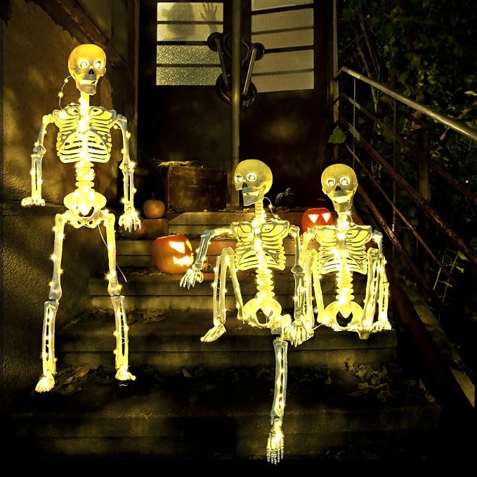 2 Pack 40 Inches Plug Operated 400 LED Light Up Halloween Skeleton Full Body Posable Movable Jonints for Halloween Decoration Décor