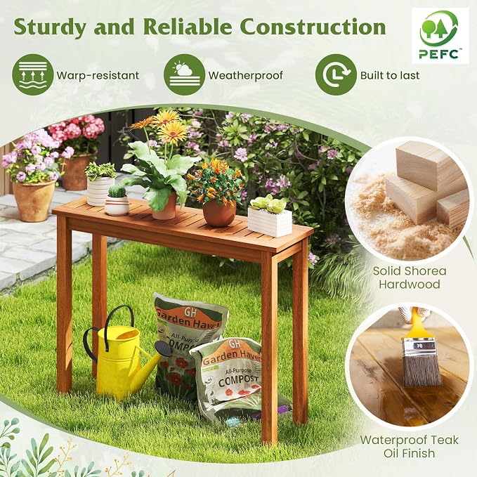 Tangkula Narrow Outdoor Dining Table, Solid Wood Furniture Patio Console Table with Slatted Tabletop, Wooden Buffet Bar Plant Stand for Garden Deck Entryway Porch Balcony