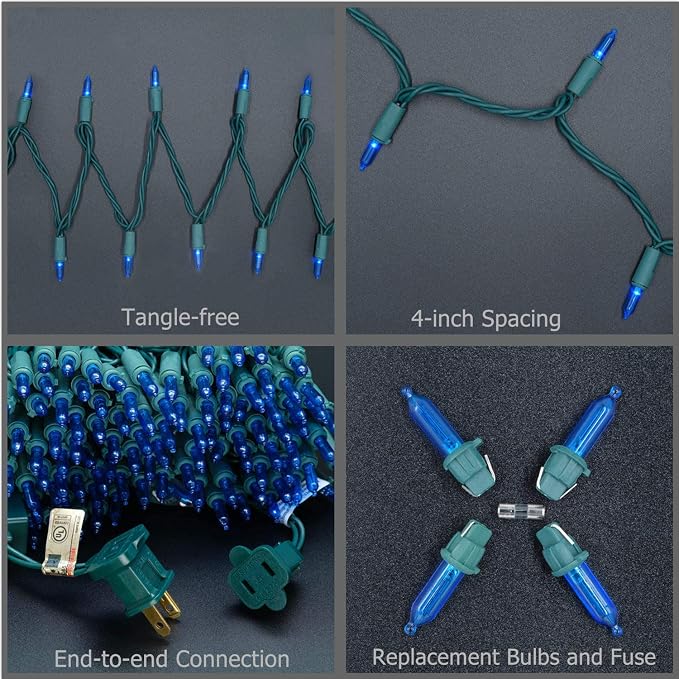 YULETIME 200 Blue LED Christmas Lights, 66 ft Green Wire UL String Light | True Blue, Stay Lit, End-to-End Connectable, UL Certified, Commercial Grade, 1-Strand 200 Lights, 4" Spacing