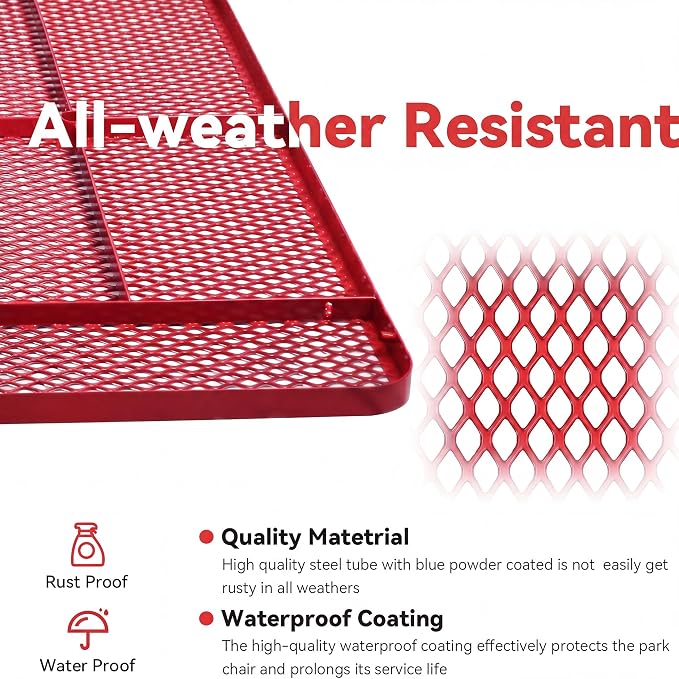 Heavy Duty Picnic Table for Outdoor 1400 lbs Load All Metal Camping Table with Umbrella Hole up to 1.5", Rectangle Dining Table for Commercial Picnic Table with Benches, Red