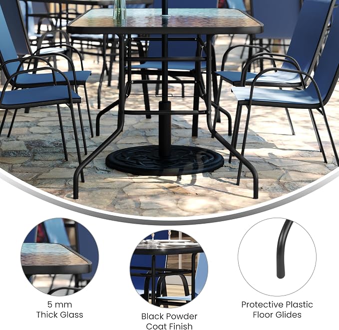 EMMA + OLIVER Seven Piece Indoor/Outdoor Dining Set - Metal Table with Tempered Glass Top - Six Navy Flex Comfort Chairs- Umbrella Hole - All Weather