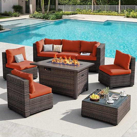 Patio Furniture Set, 8 PCS Outdoor Sectional Patio Furniture Set with 42" Fire Pit Table, Rattan Wicker Sofa Couch for Garden Backyard Deck Poolside, Red
