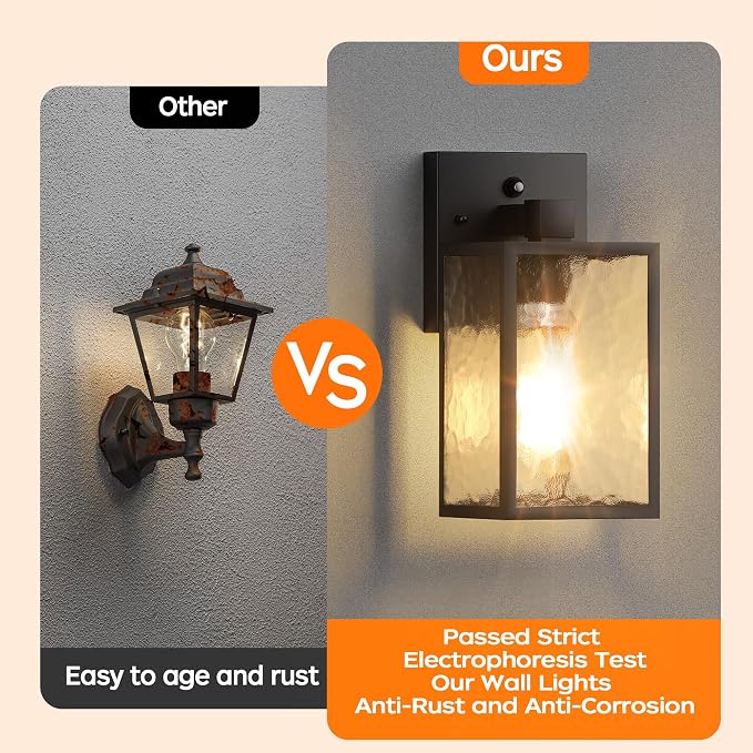 Dusk to Dawn Exterior Lighting Fixtures Outdoor Porch Light Wall Sconce | 10.65 inch, Anti-Rust Metal Frame, Tempered Glass, E26 Base, Waterproof, Sensor Wall Lantern for Patio, Garage, Entryway