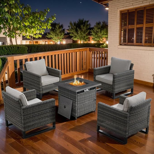 Belord 5 Pieces Wicker Patio Furniture Set: 4 Outdoor Club Chairs Patio Conversation Set with 50000BTU Propane Fire Pit Table, All Weather Brown Rattan Anti-Rust Frame, Beige Cushion