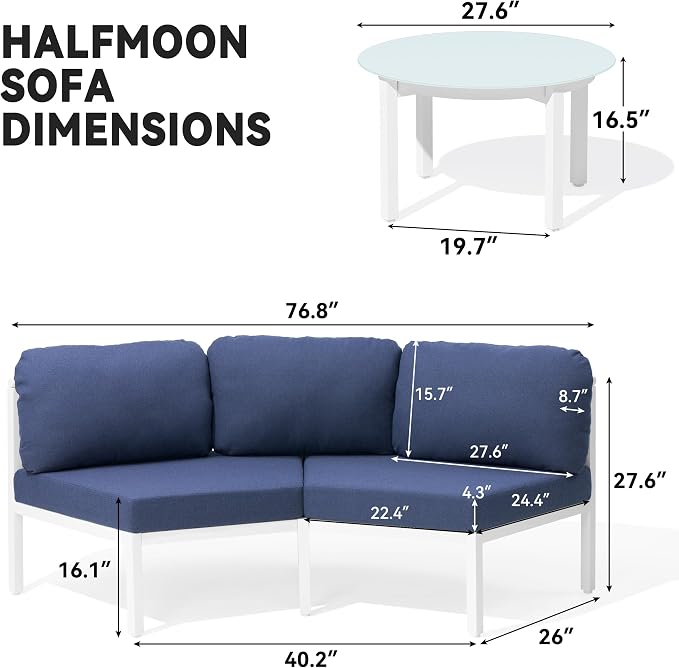Crestlive Curved Patio Furniture Set, Modular Half Moon 4-Seater Sofa with Round Coffee Table, Aluminum Outdoor Sectional with 4.3" Cushions, All-Weather Couch for Backyard, Deck, Porch, Poolside