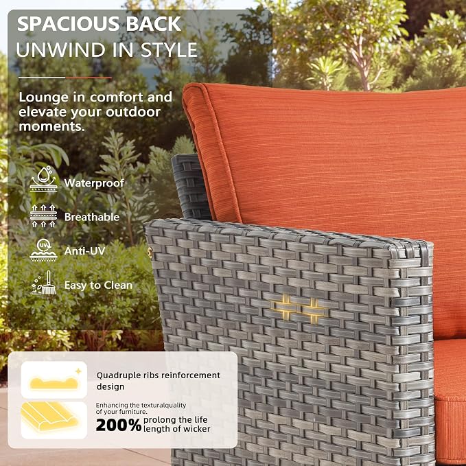 CAODOC Patio Furniture, All Weather Wicker 6 PCS Outdoor Sofa with High Back Swivel Rocker Chairs, Conversation Set with Solar Light Coffee Table,Light Rattan Red Cushion