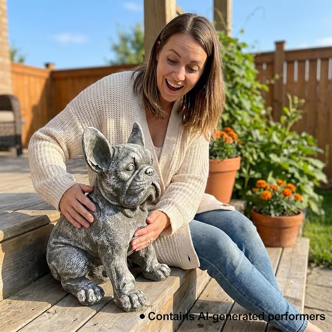 French Bulldog Statue, Grey, 16" Large Dog Garden Sculpture | Weatherproof Resin, Stone Effect, Realistic Frenchie Figurine, Outdoor Yard Patio Lawn Porch Decor