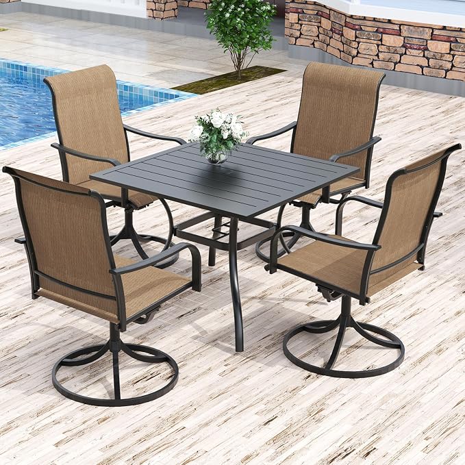Anmutig 5-Piece Outdoor Dining Set, 4 Swivel Chairs with 35" Square Table, All Weather Frame Furniture Set - Brown