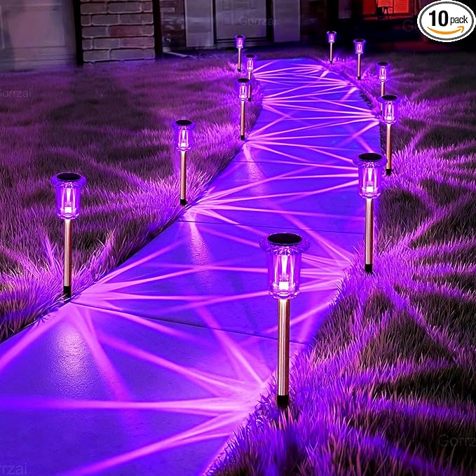 Halloween Solar Lights Outdoor 15 Pack LED Purple Pathway Lights | Waterproof Halloween Decorations Outdoor for Yard Garden Walkway Outside Driveway Landscape Path, Auto On/Off, Spike Pattern
