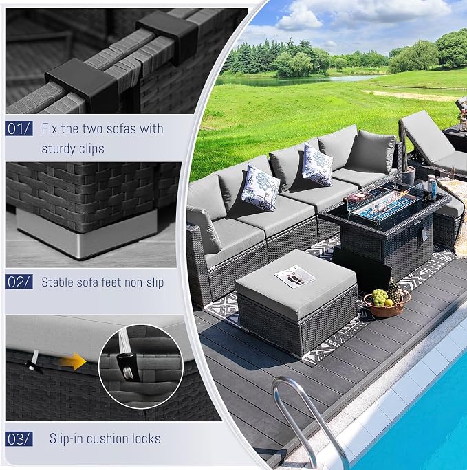 BULEXYARD 13 Piece High Back Outdoor Furniture Sets with Fire Pit, Luxury Patio Sectional Couch Sofa 12-Seater Modular, Comfortable Extra Large Wide Deep Backyard Seating Conversation Set, Light Grey