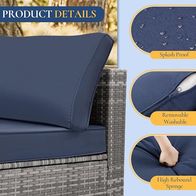FHFO 7 Piece Outdoor Wicker Patio Furniture Set, Grey/Blue | Sectional Sofa | All-Weather Hand-Woven Rattan | Tempered Glass Coffee Table | Free Combination | Indoor & Outdoor Use