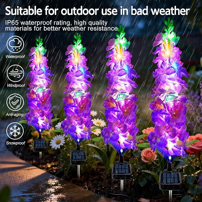 MRHEPHAESTUS Solar Garden Lights, Solar Purple Delphinium Flowers Lights 4 Pack 80 LEDs, Waterproof Outdoor Light Two Lighting Modes for Outside Wedding Party Garden Yard Patio Lawn Decor