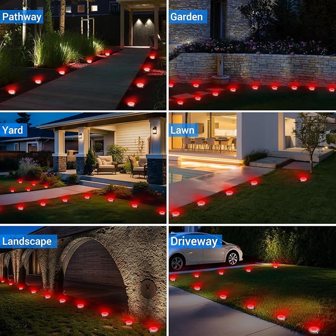 Mini Solar Ground Lights Outdoor, 8 Pack Flat Solar Powered Disc Lights, IP68 Waterproof, Anti-Rust, Landscape Lighting for Pathway Garden Yard Lawn Walkway Landscape Driveway, Red