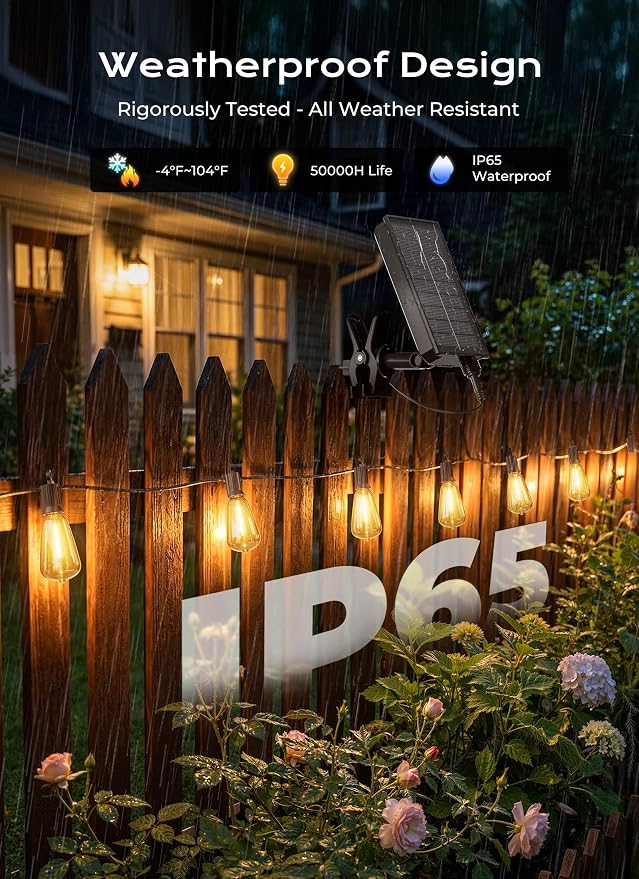 Brightown 76FT Solar String Lights Outdoor Waterproof, 26Hrs Runtime | 23+1 LED Bulbs, USB & Solar Powered, Remote Control & Dimmable Timer, Ideal for Backyard, Garden, Camping & Party Decor