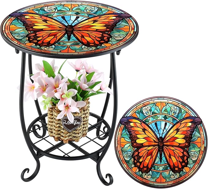 Cinnvoice Outdoor Side Table Round Small Mosaic Patio Accent Indoor End Plant Coffee Tea Table for Yard Patio Porch Garden Living Room, Bedroom(Butterfly B Style,18 Inch)