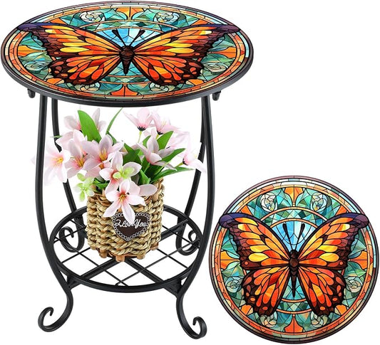 Cinnvoice Outdoor Side Table Round Small Mosaic Patio Accent Indoor End Plant Coffee Tea Table for Yard Patio Porch Garden Living Room, Bedroom(Butterfly B Style,14 Inch)