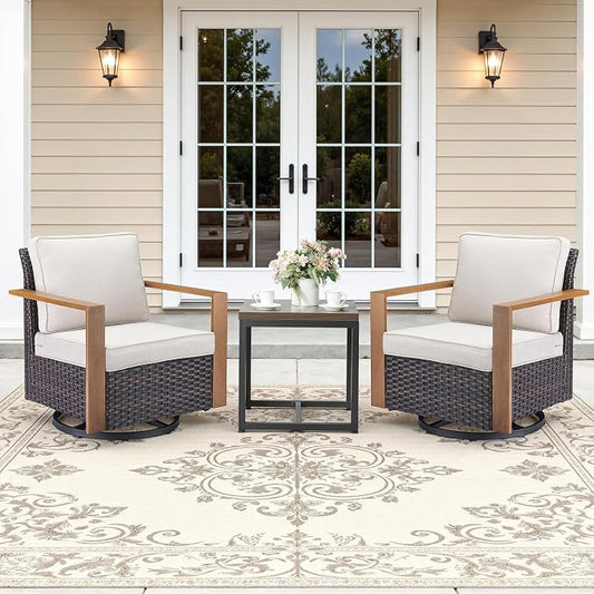 Outdoor Swivel Rocker Patio Chairs Set of 3, High Back Swivel Patio Chairs with Side Table & Metal Arm, Wicker Outdoor Bistro Set for Porch, Yard, Deck, Poolside, Beige
