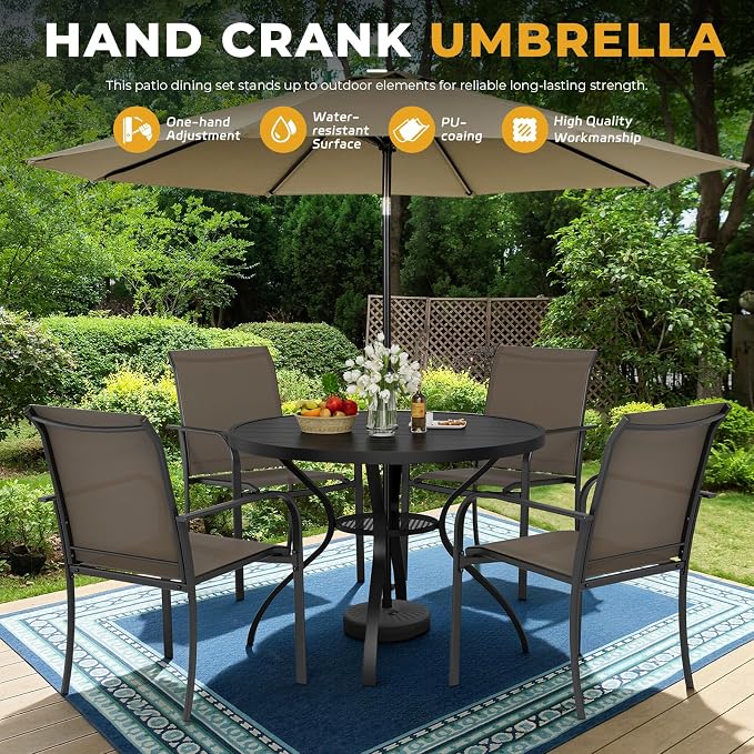 5-Piece Patio Dining Set with Umbrella,4 Person Outdoor Table and Chairs Set, 4 Metal Dining Chairs and Round Outdoor Table with 1.57" Umbrella Hole,Khaki