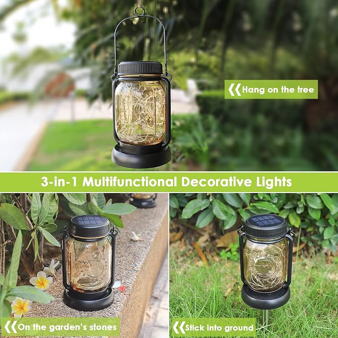 4 Pack Solar Mason Jar Hanging Lantern with Stakes, Warm White | Solar Fairy String Lights, Vintage Glass Lamp, Waterproof, Bright, for Indoor Outdoor Halloween Garden Patio Pathway Yard