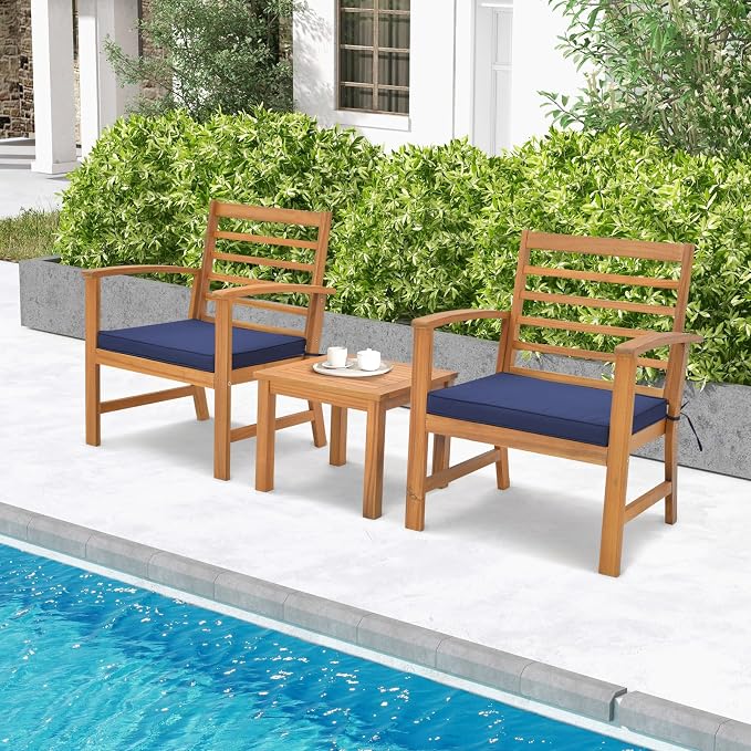 Tangkula 3 Pieces Outdoor Furniture Set, Acacia Wood Conversation Set with Soft Seat Cushions, Stable Acacia Wood Frame, Patio Sofa & Coffee Table Set for Backyard, Porch, Poolside (Navy)