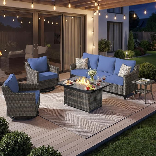 Luxury Patio Furniture Fire Pit Table Set - 5 Pieces All Weather Wicker Outdoor Couch and High Back Swivel Rocker Patio Chairs with fire pit for Deck Yard and Poolside Gray Wicker | Blue Cushions