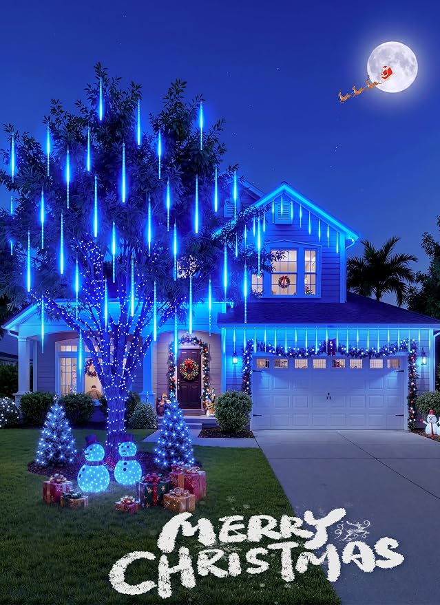 Meteor Shower Lights Outdoor,16 Inch 10 Tube 360 LED Icicle Christmas Light | Waterproof Meteor Christmas Lights Outdoor, Connectable Hanging Falling Rain Light for Tree Bushes Holiday Decoration, Blue